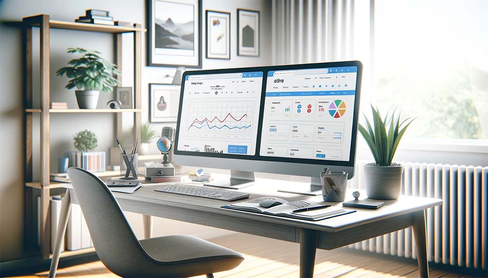 Monitor displaying graphs and charts in home office