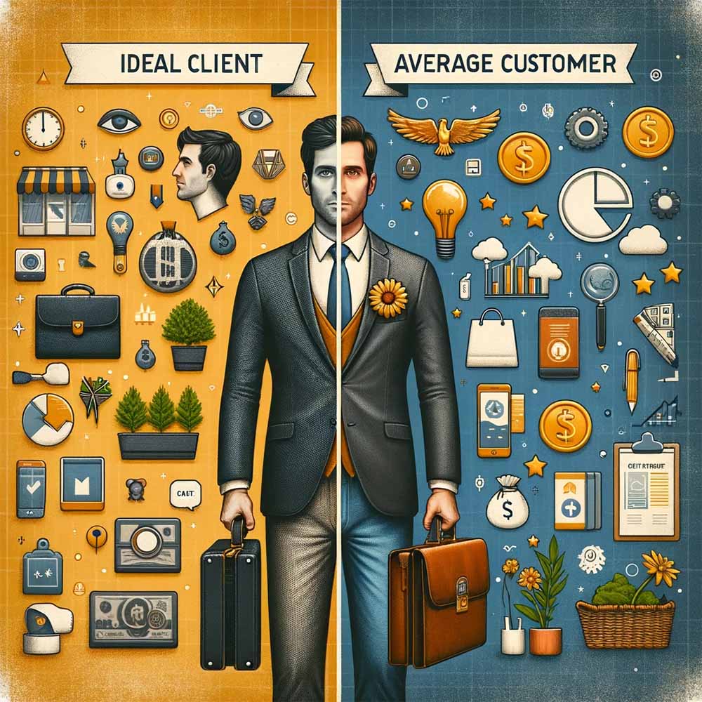 Image of man split in middle to represent the ideal client and average customer