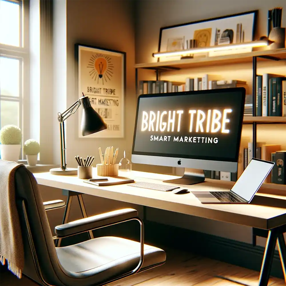 Home office with large monitor displaying Bright Tribe Smart Marketing on screen