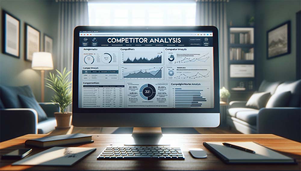 Image of computer with screen says competitor analysis