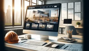 Construction website on monitor in a business office