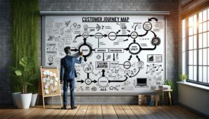Man standing at giant whiteboard representing the customer journey map