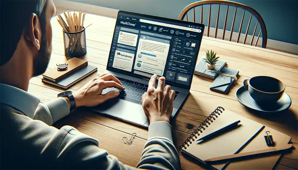 man typing at wooden desk on laptop creating email newsletter