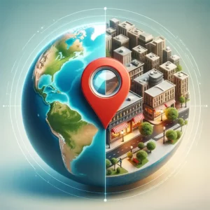 graphic showing globe, location pin and city