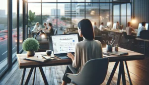 Woman doing keyword research on laptop in office with glass windows looking over city