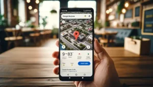 man holding up phone in cafe with Google map location