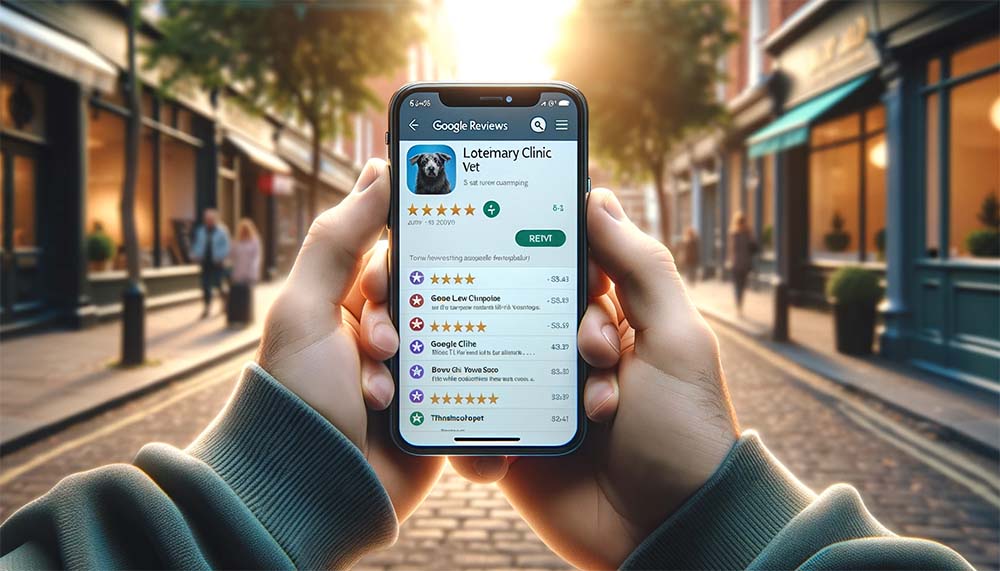 Hands holding iphone looking at Vet reviews on Google
