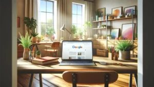 Google page on laptop with day light in home office
