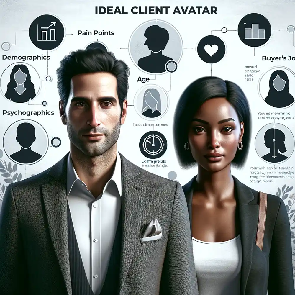 graphic showing white man in suite and black woman in suit with ideal client avatar label