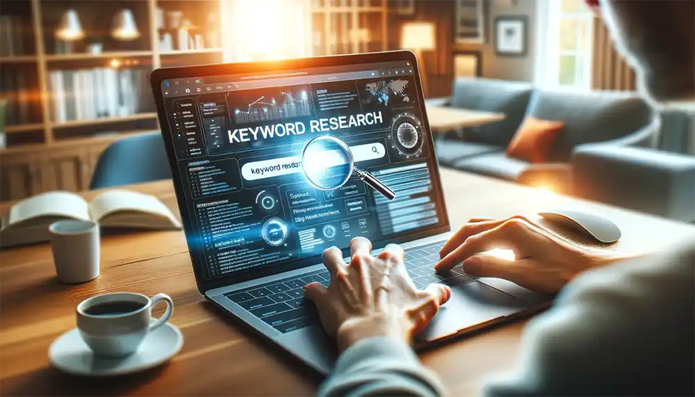 Close up of man typing on laptop doing keyword research