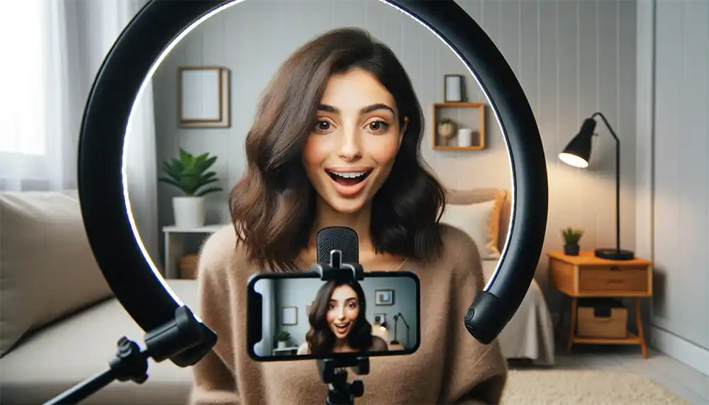 Woman recording herself on phone with ring light