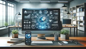 Monitor with futuristic looking digital marketing images