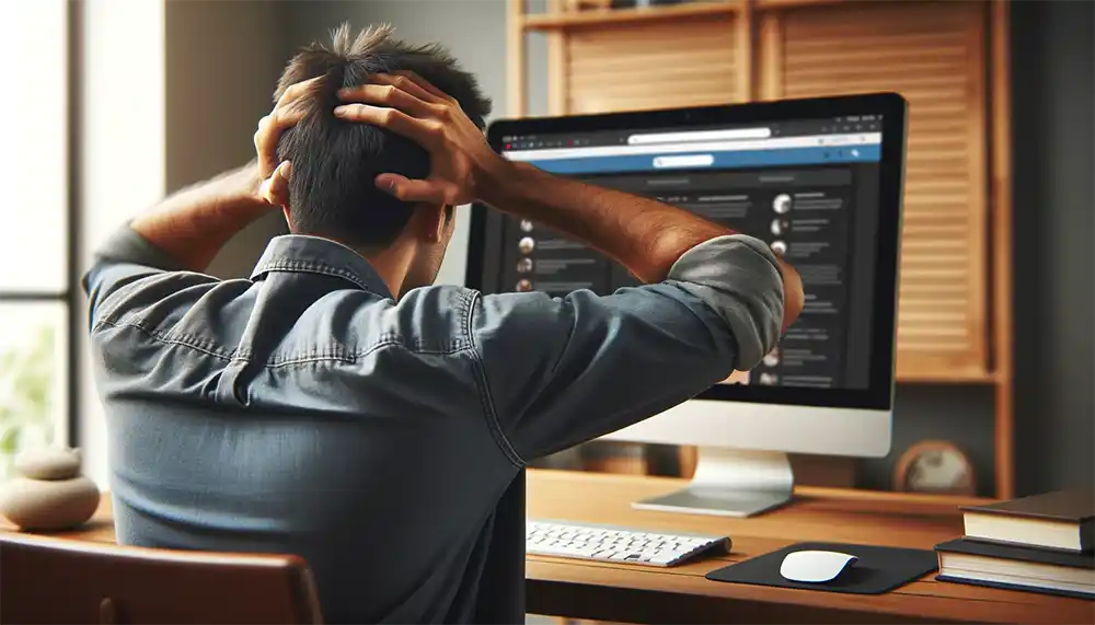 Frustrated man in denim shirt looking at monitor