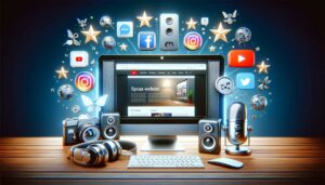 Picture of monitor with website and other online marketing icons around it