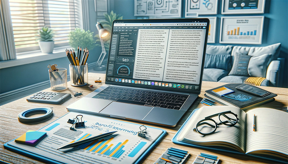 Laptop on desk with notebooks representing content writing