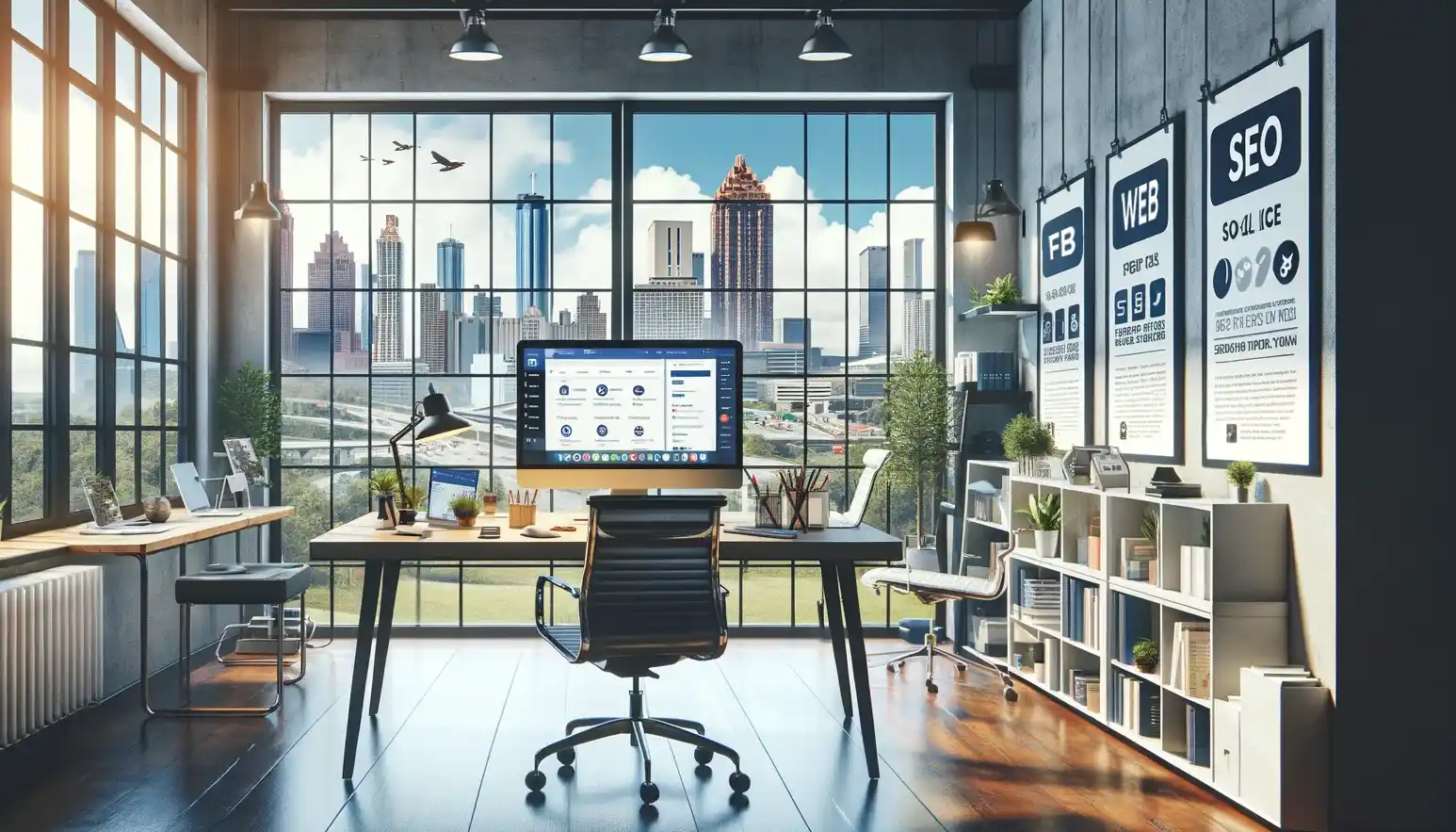 Web design company office overlooking Atlanta skyline