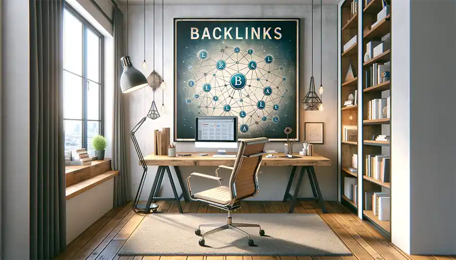 Office with a poster on the wall that says Backlinks