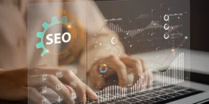 person typing on laptop with SEO graphs floating above